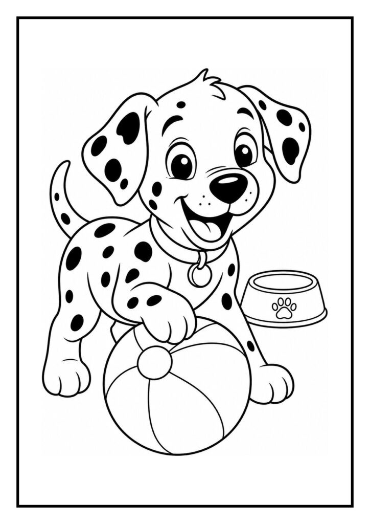 Kleurplaat van een vrolijke dalmatiër pup die in een paradewagen zit met een bal en een voerbak ernaast