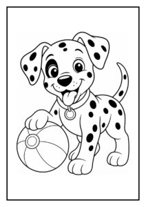 Vrolijke dalmatiër puppy kleurplaat als brandweerhond op weg naar hulp