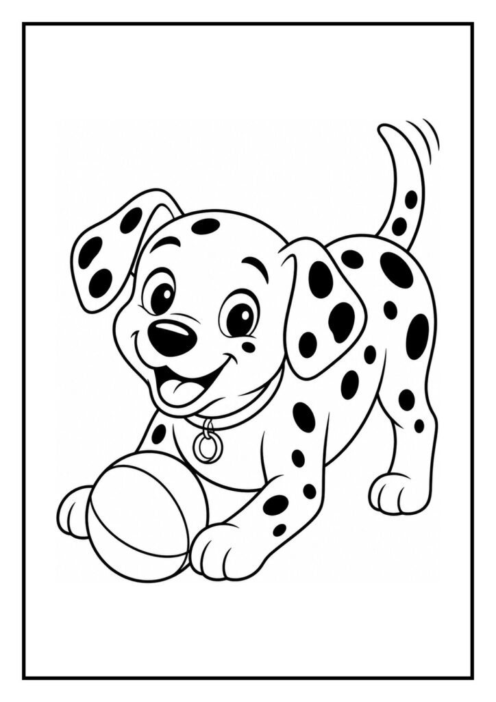 Kleurplaat van een vrolijke dalmatiër puppy die een vlinder vangt in een speelse pose