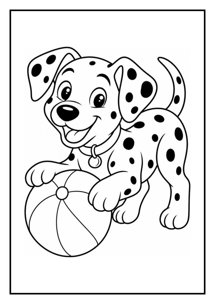 Kleurplaat van een vrolijke dalmatiër die met een bal speelt in de sneeuw