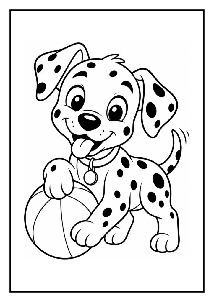 Kleurplaat van een vrolijke dalmatiër puppy die met een paraplu in de regen staat