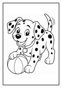 Kleurplaat van een speelse dalmatiër puppy die door een hondenhok kruipt