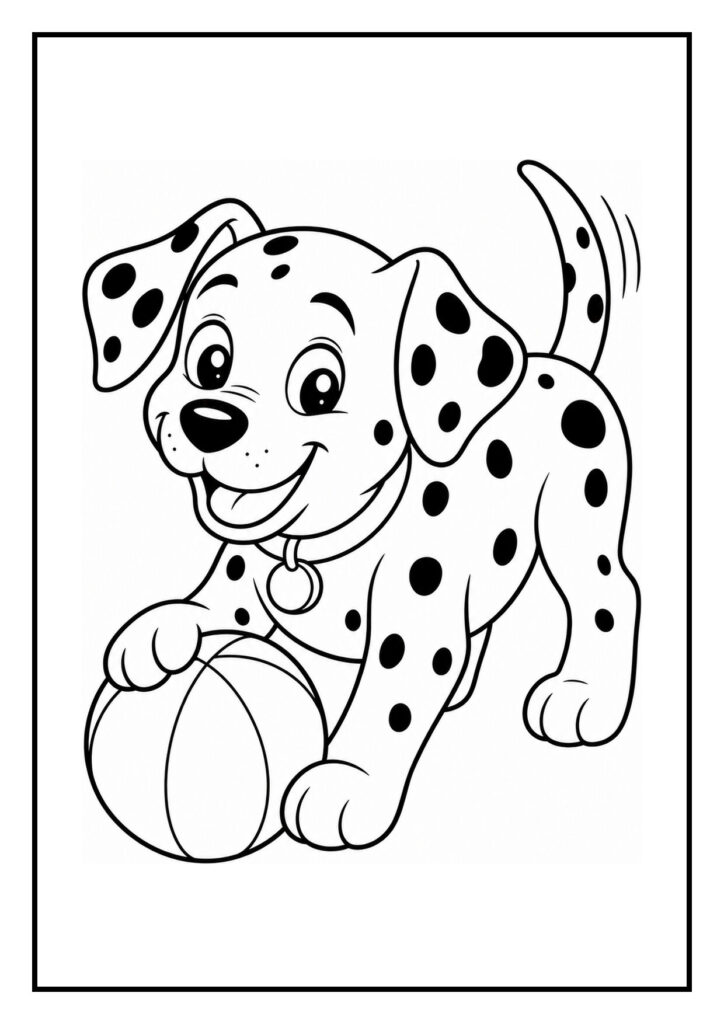 Kleurplaat van een speelse dalmatiër puppy die door een hondenhok kruipt