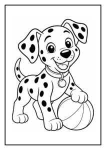 Schattige dalmatier puppy die een hondenkoekje op zijn neus balanceert in een vrolijke kleurplaat