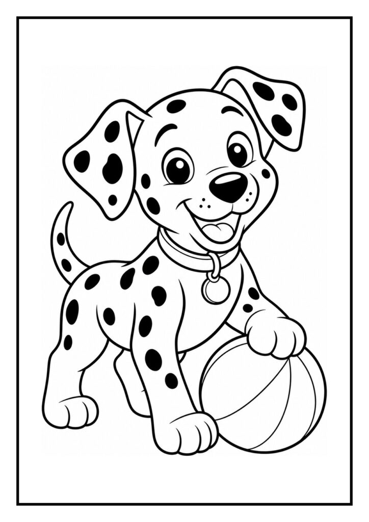 Schattige dalmatier puppy die een hondenkoekje op zijn neus balanceert in een vrolijke kleurplaat