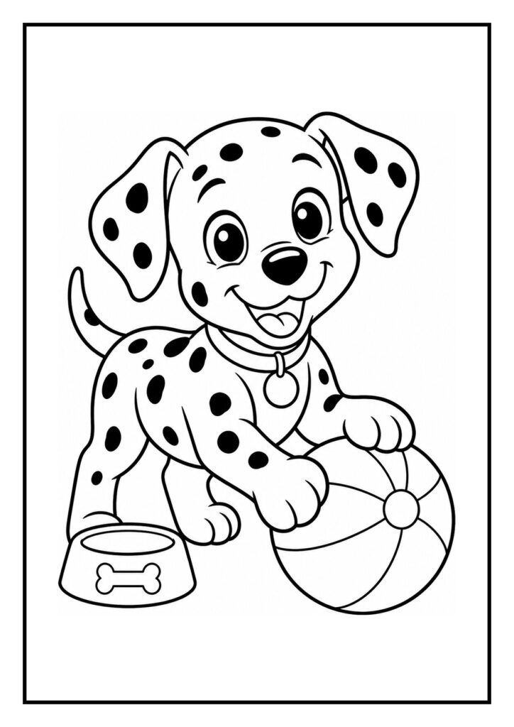 Vrolijke dalmatiër puppy die met een bal speelt naast een hondenvoerbak met pootafdrukken eromheen