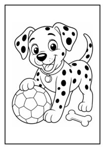 Kleurplaat van een vrolijke dalmatiër puppy die in een speelbal-tunnel speelt met een bal en een bot naast zich.