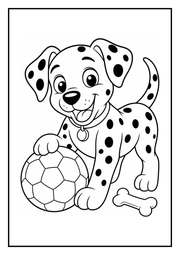 Kleurplaat van een vrolijke dalmatiër puppy die in een speelbal-tunnel speelt met een bal en een bot naast zich.