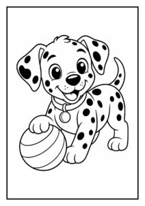 Kleurplaat van een vrolijke dalmatiër puppy die bellen blaast en met een bal speelt