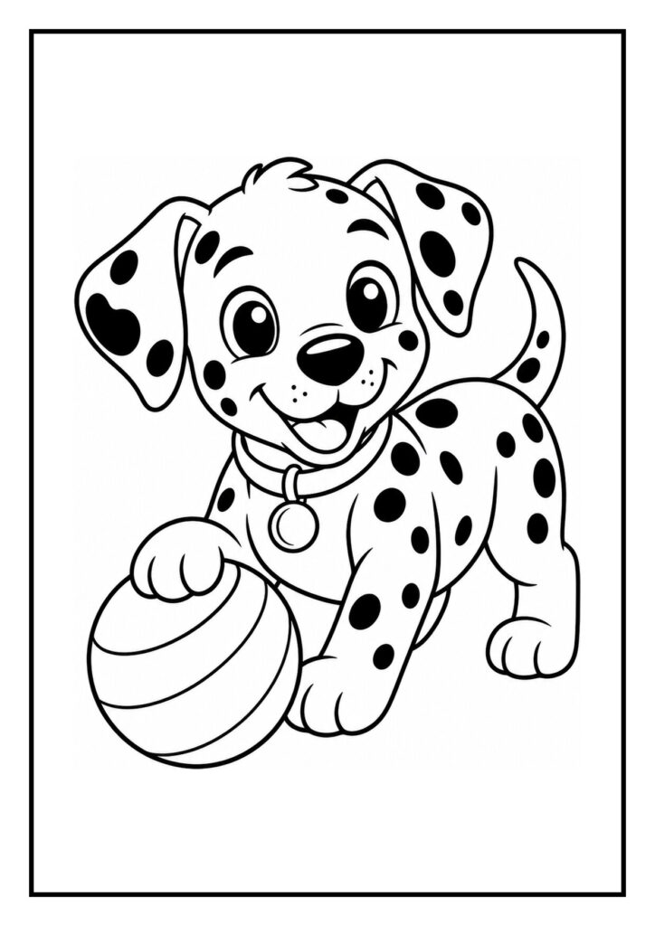 Kleurplaat van een vrolijke dalmatiër puppy die bellen blaast en met een bal speelt