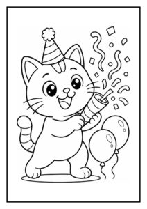 Leuke kleurplaat van een schattige kat met een feestmuts die confetti afschiet en twee ballonnen vasthoudt.