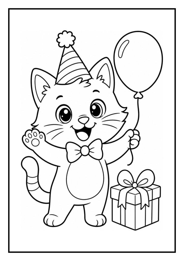 Kleurplaat van een schattige feestelijke kat met een feesthoedje, ballon en cadeau, omringd door slingers in de lucht