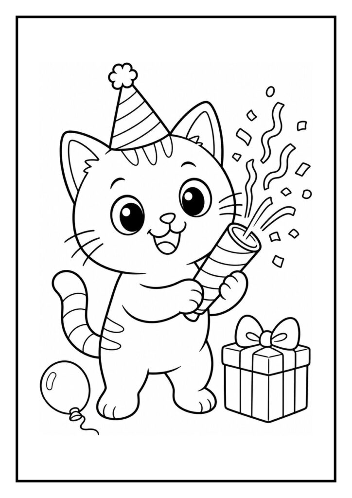 Kleurplaat van een schattige kat met feestmuts die een feestknaller vasthoudt naast een cadeau en ballon.