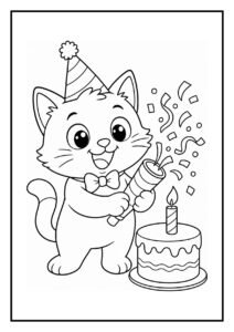 Kleurplaat van feestelijke katten die dansen rond een verjaardagstaart met kaars en confetti