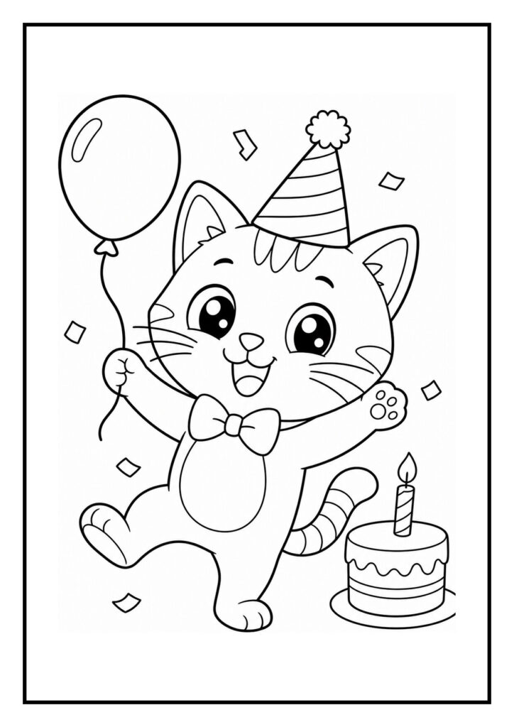 Kleurplaat van een feestelijke kat met een feesthoed die een ballon vasthoudt naast een verjaardagstaart met kaarsen