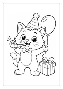 Kleurplaat van een kat met een feesthoed, feestfluitje, ballon en cadeau in een feestelijke sfeer