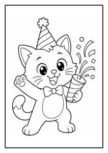 Kleurplaat van een schattige kat met een feesthoedje en feesttoeter die vrolijk verjaardagsballonnen verstopt.