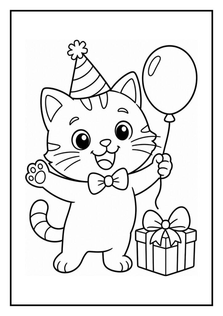 Een kleurplaat van een feestelijke kat met een feesthoed, een strik en een ballon naast een cadeau