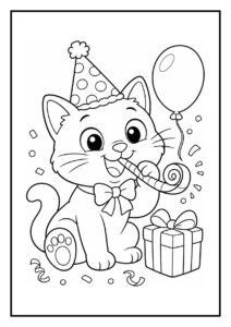 Feestelijke kleurplaat van een kat met feesthoedje, blaastrompet, ballon en cadeau in een feesttent