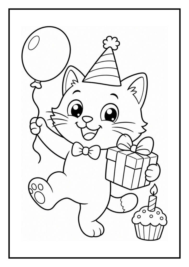 Kleurplaat van een feestelijke kat die een ballon en een cadeau vasthoudt met een verjaardagstaart op de achtergrond