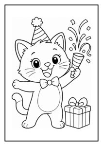 Vrolijke kat met een feestmuts, feesttoeter en cadeau, geschikt om in te kleuren voor kinderen