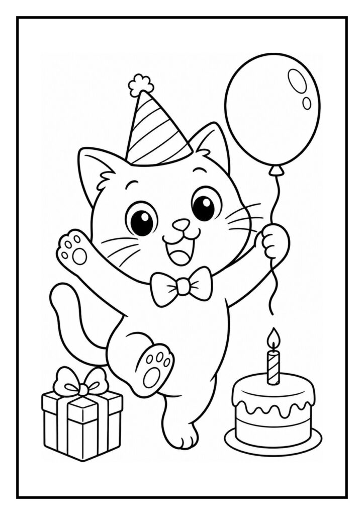 Kleurplaat van een vrolijke kat met een feestmuts die een ballon vasthoudt, naast een cadeau en een verjaardagstaart met een kaars