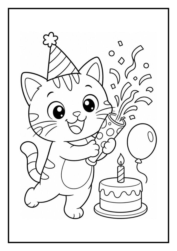 Leuke kleurplaat van een schattige kat met een feesthoed die een confettikanon vasthoudt naast een taart met een brandende kaars en een ballon.