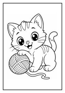 Een kleurplaat van een kat die in een mini-mijnkarretje rijdt door een donkere grot