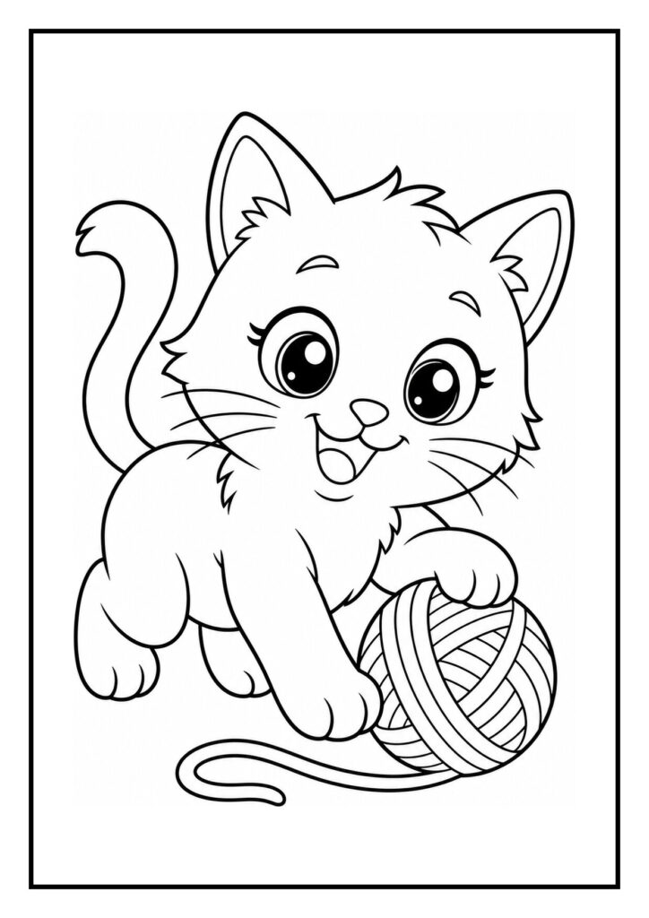 Vrolijke kleurplaat van een speelse kitten die speelt met een bolletje wol in een doolhof van hoge hagen