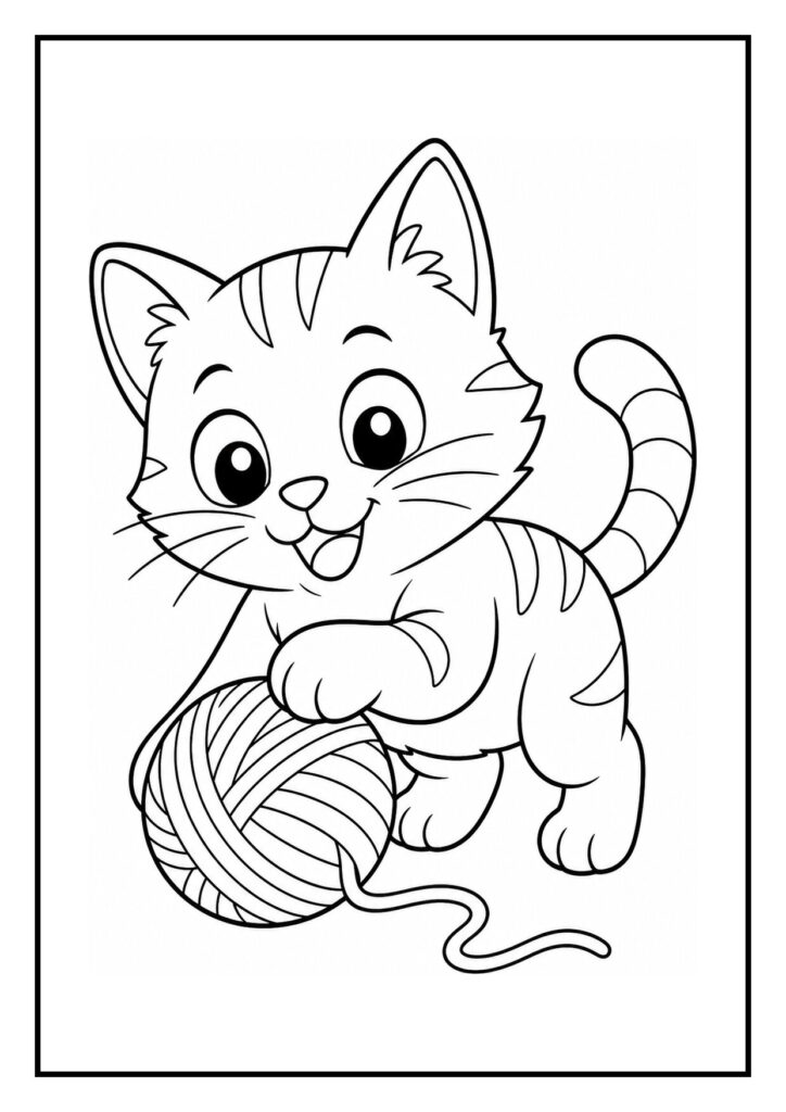 Kleurplaat van een schattige kat die een ladder beklimt naar een hoge boekenplank met een bol wol in de buurt.