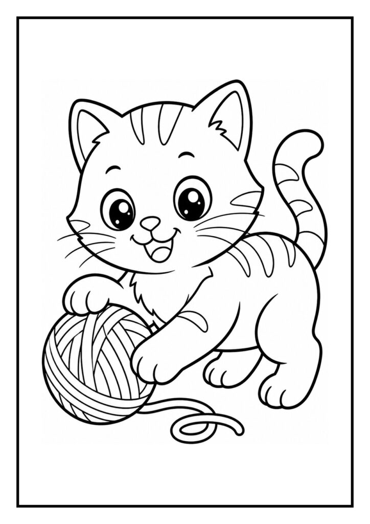 Kleurplaat van een schattige kat die speelt met een bolletje wol