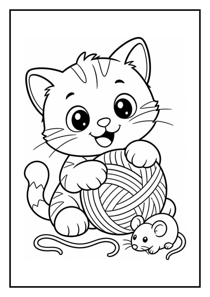 Kleurplaat van een schattige kat die speelt met een bol wol en een kleine muis samen in een doos