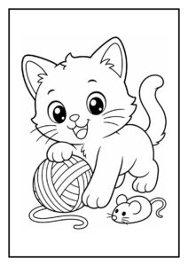 Kleurplaat van een speelse kitten die met een bol wol speelt op de vensterbank samen met een muisje