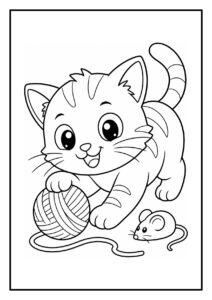 Kleurplaat van een vrolijke kat die speelt met een bol wol met een klein muisje erbij