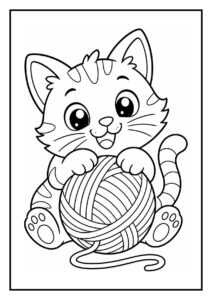 Leuke kleurplaat van een vrolijke kat die speelt met een bol wol.