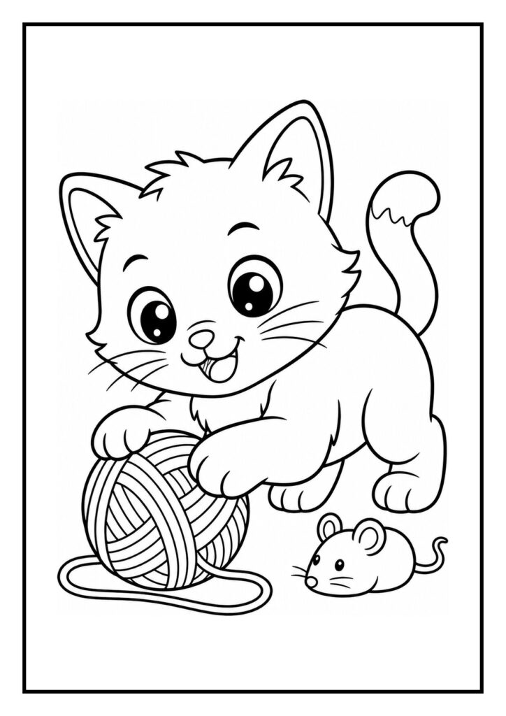 Kleurplaat van een speelse kitten die met een bol wol speelt en een klein muisje naast zich heeft