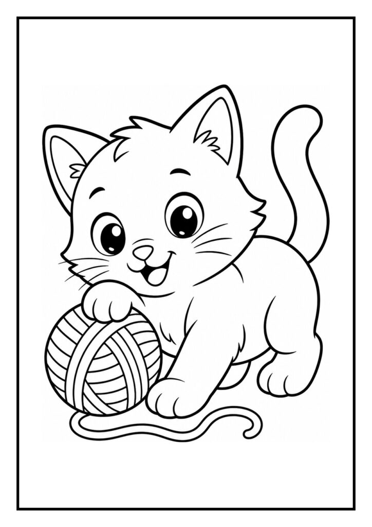 Leuke kleurplaat van een schattige kat die speelt met een bol wol