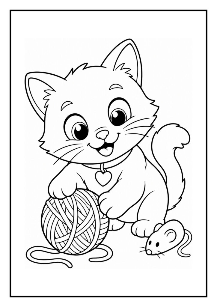 Kleurplaat van een vrolijke schattige kitten die speelt met een bol wol en een klein muisje
