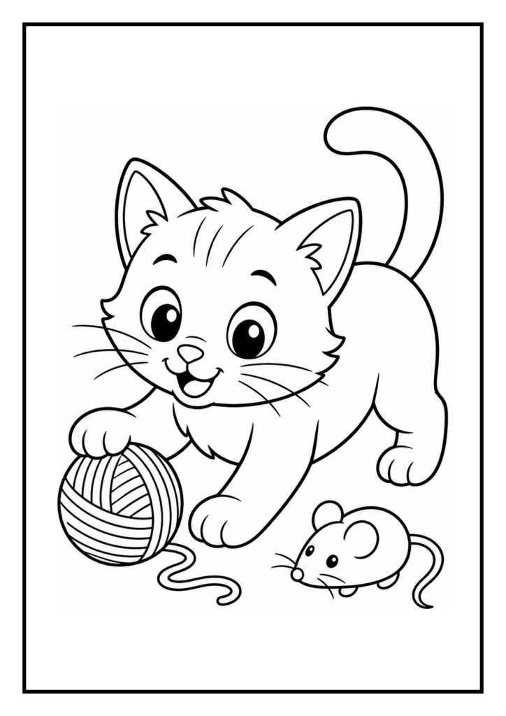 Speelse kleurplaat van een vrolijke kat die met een bol wol en een muis speelt.