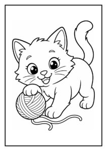 Leuke kleurplaat met een schattige kat die speelt met een bolletje wol.