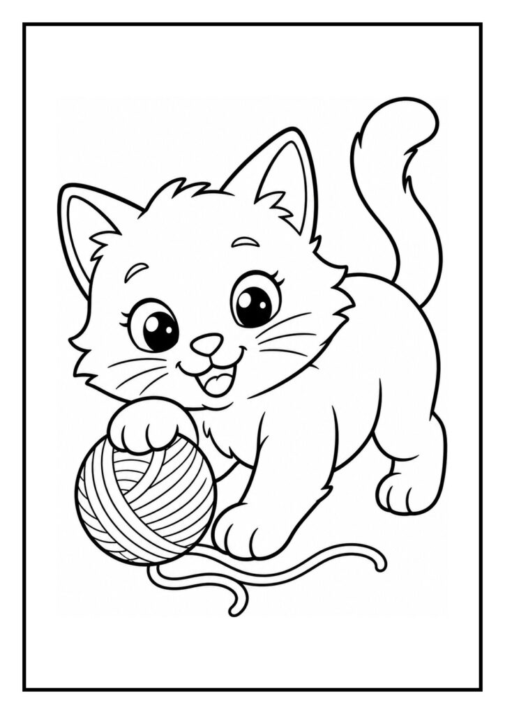 Leuke kleurplaat met een schattige kat die speelt met een bolletje wol.