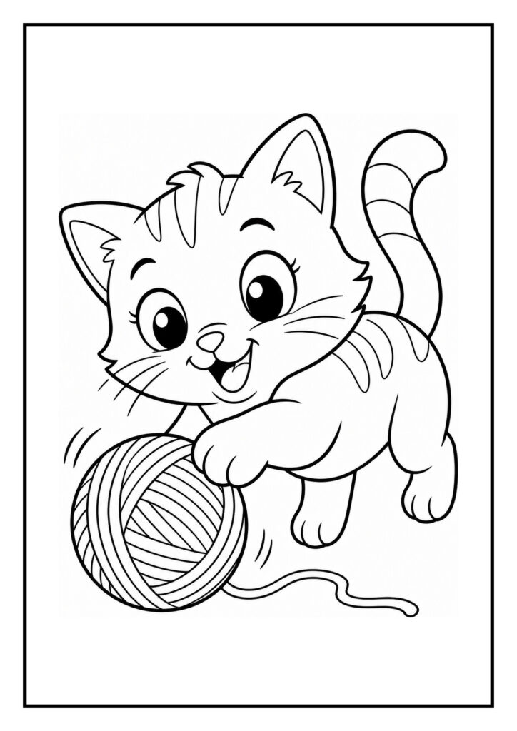 Kleurplaat van een vrolijke kat die speelt met een bol wol, geschikt voor kleintjes