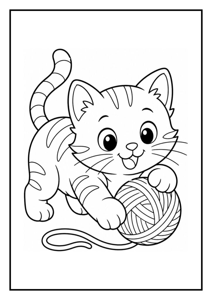 Kleurplaat van een schattige speelse kat die speelt met een bol wol, geschikt voor peuters