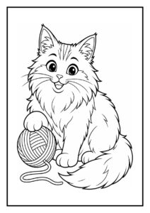 Leuke kleurplaat van een schattige kat die speels met een bol wol speelt