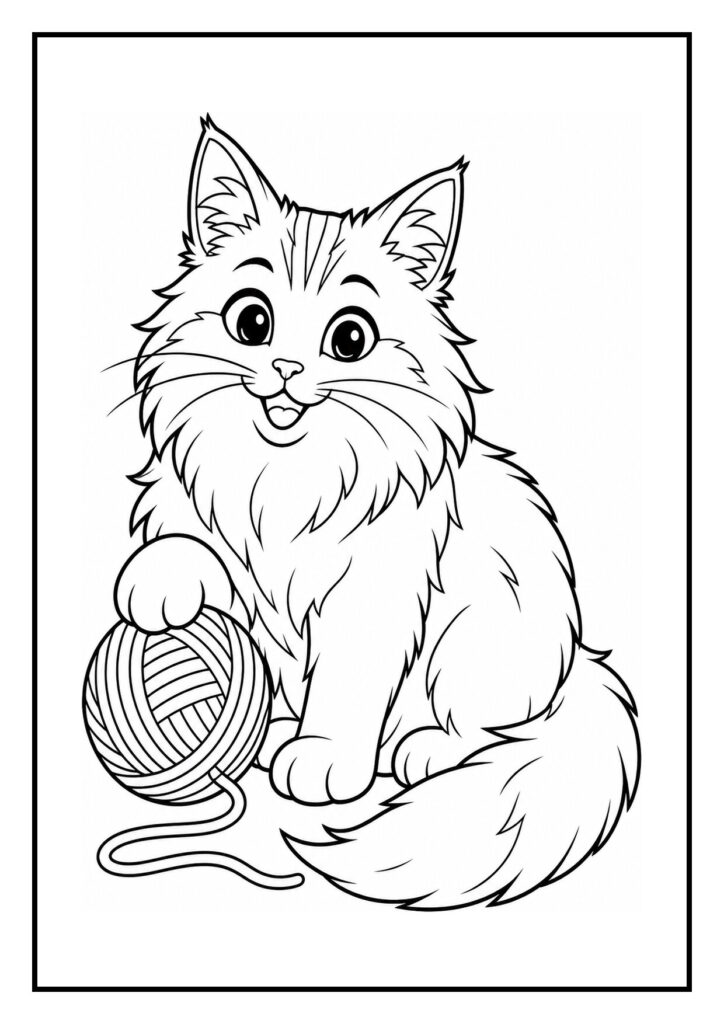 Leuke kleurplaat van een schattige kat die speels met een bol wol speelt