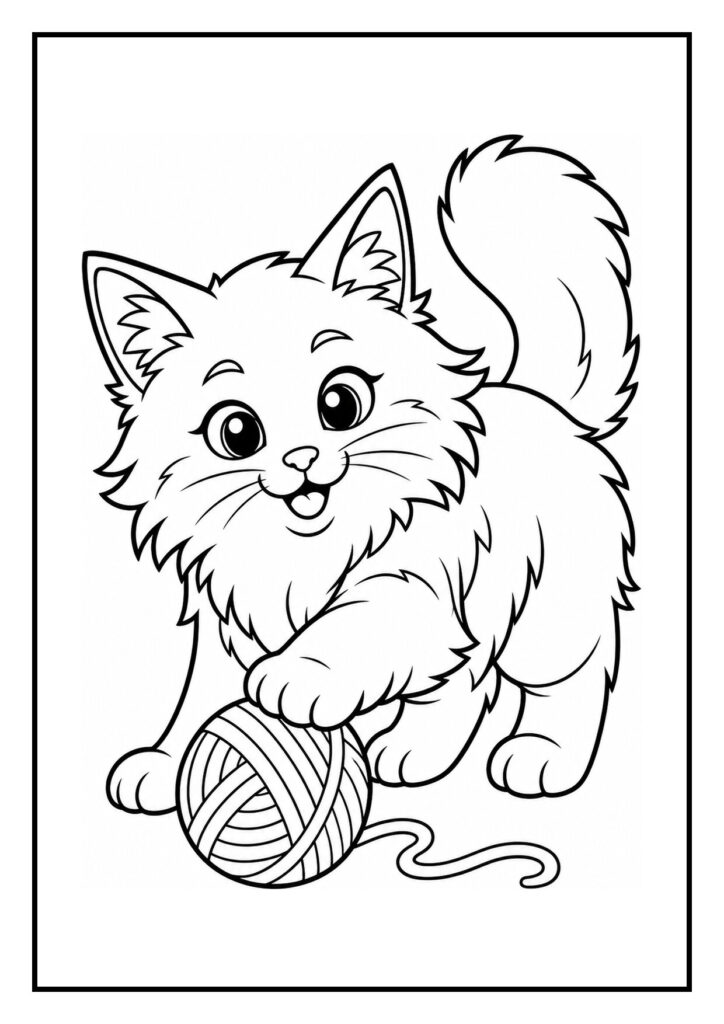 Schattige kat die vrolijk met een bol wol speelt en zich verstopt