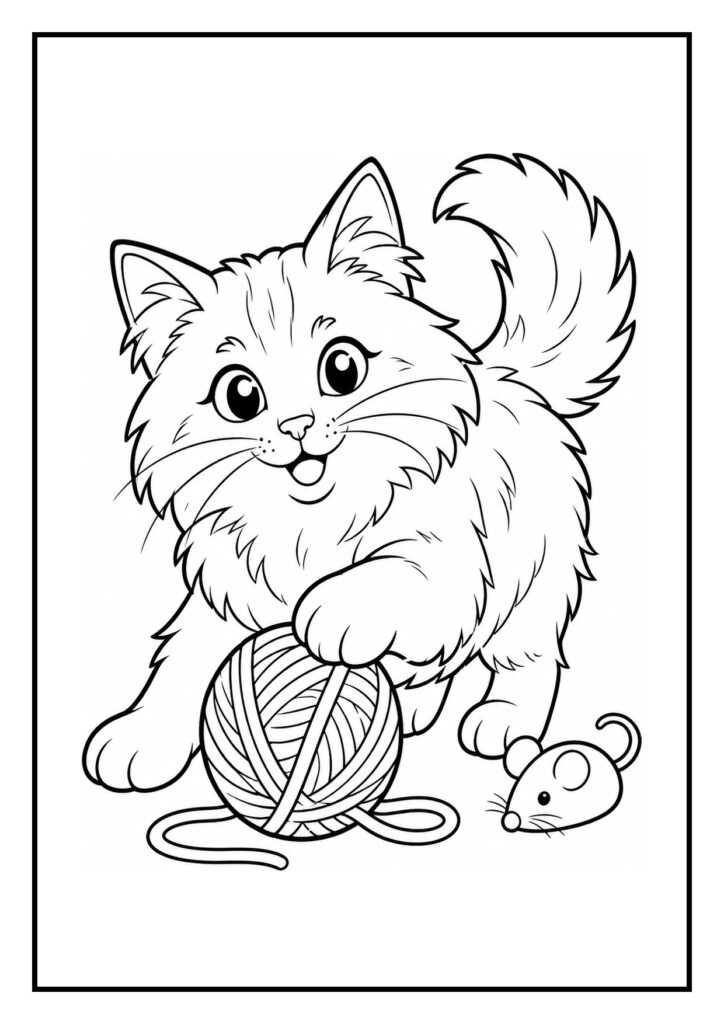 Schattige kat die vrolijk speelt met een bol wol en een speelgoedmuis