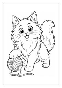Leuke kleurplaat van een speelse kat die met een bol wol speelt