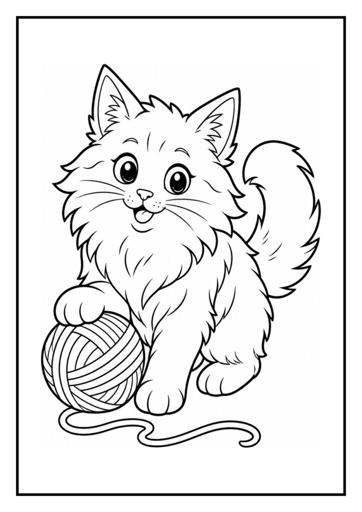 Leuke kleurplaat van een speelse kat die met een bol wol speelt