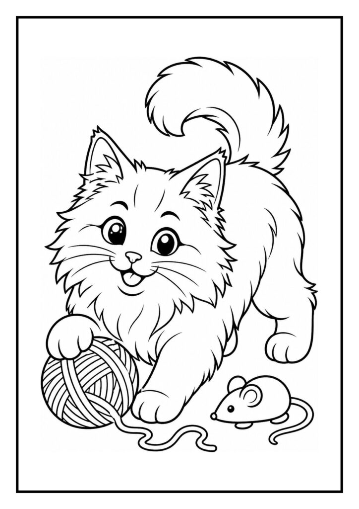 Leuke kleurplaat van een speelse kitten met een bol wol en een muisje